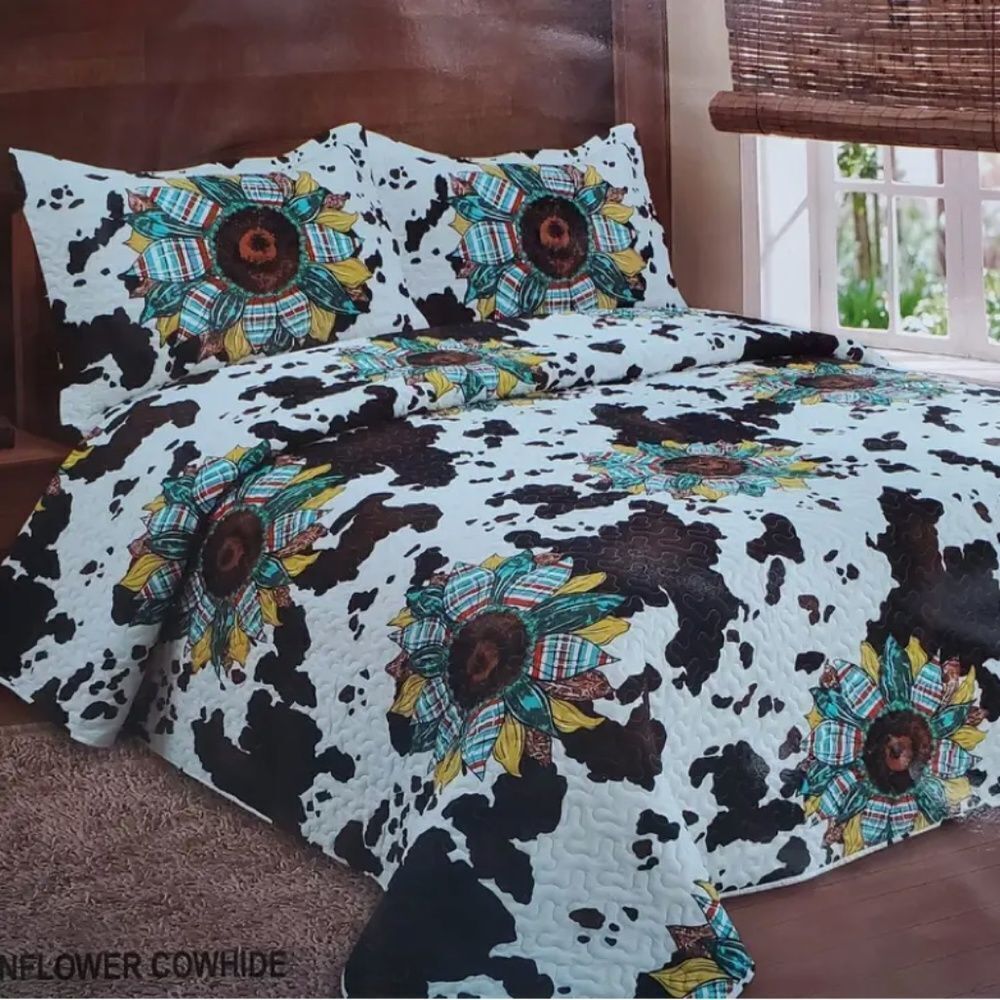 Southwestern Cow Hide and Boho Sunflowers Printed Queen Quilt Set Aztec Floral
